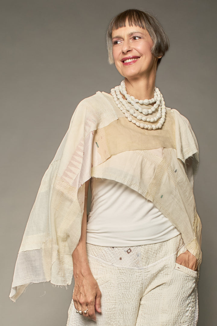 MOSAIC TILE PATCH KANTHA DOUBLE SCARF MINI PONCHO - mt1j114-ivy -