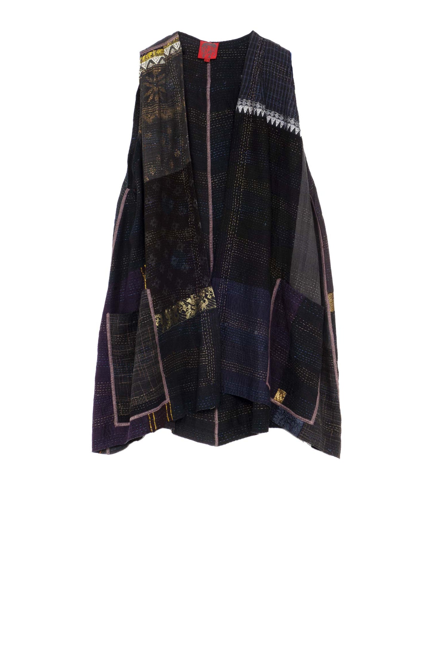 COTTON SILK SW PATCH KANTHA BELL SHAPE LONG VEST - ws2225-blk -