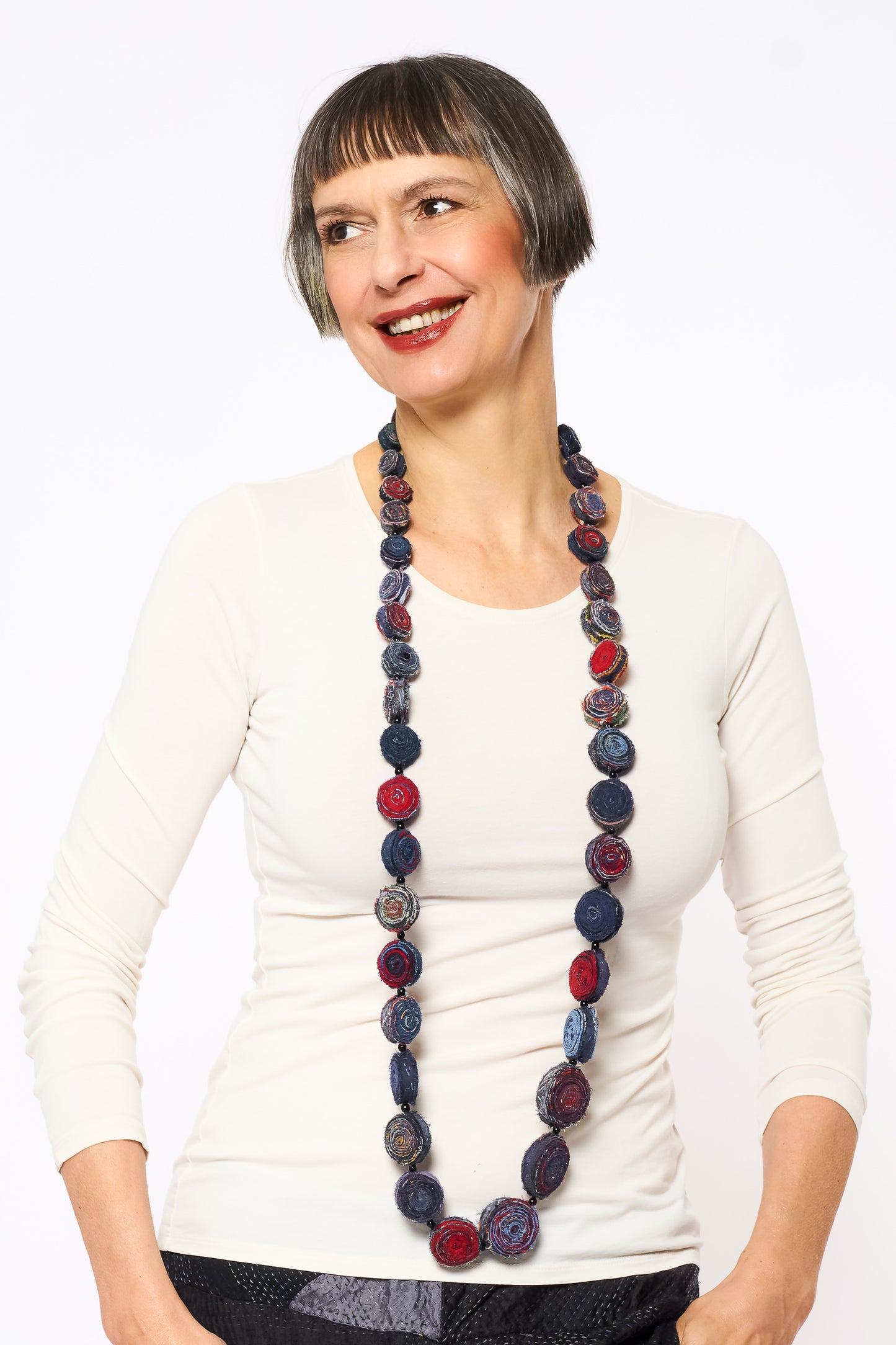 VINTAGE COTTON KANTHA SIMPLE EDDY LONG NECKLACE - cv2714-nvy -