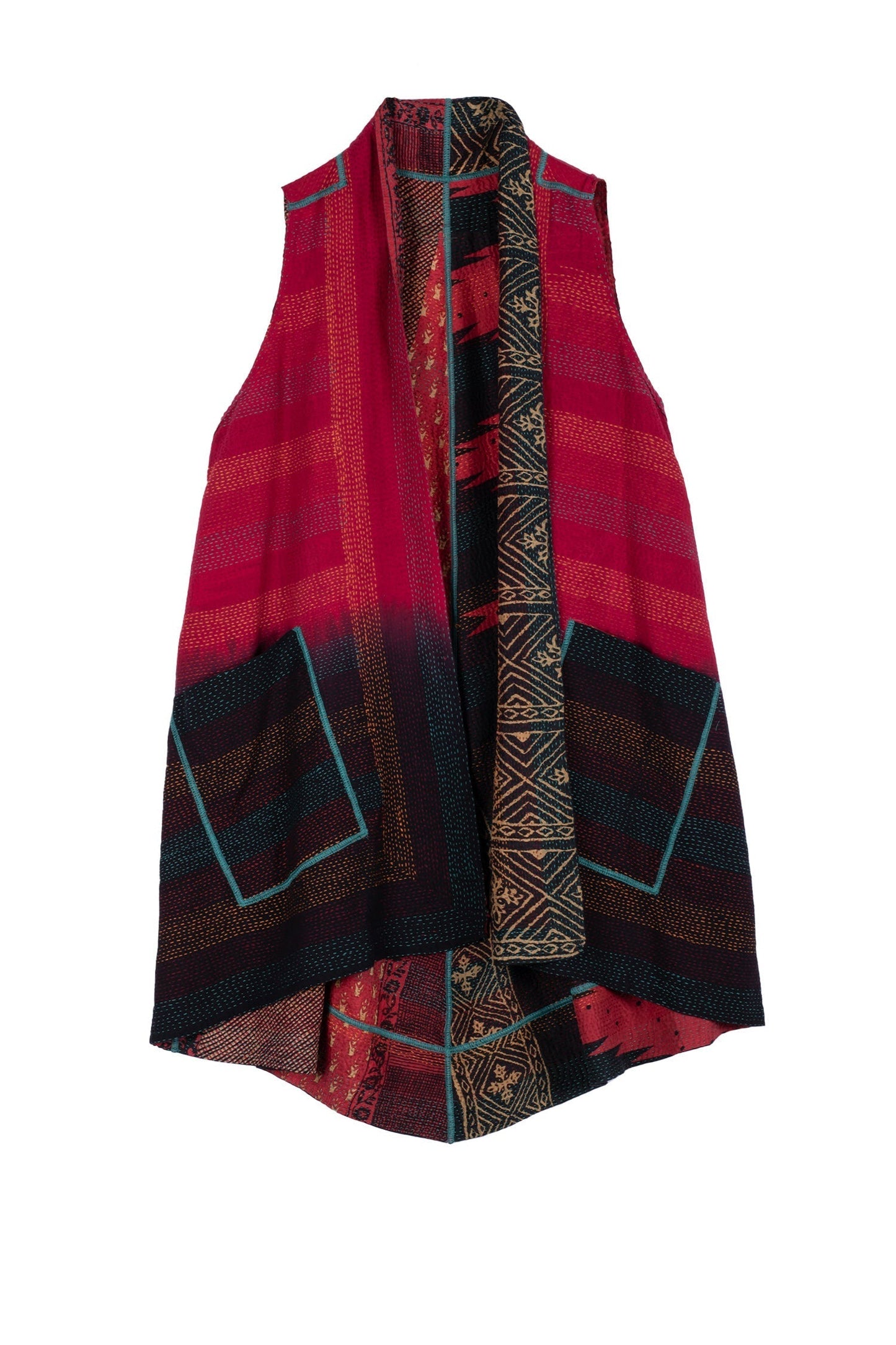 SILK COTTON OMBRE PRINT KANTHA A-LINE VEST - os2203-red -