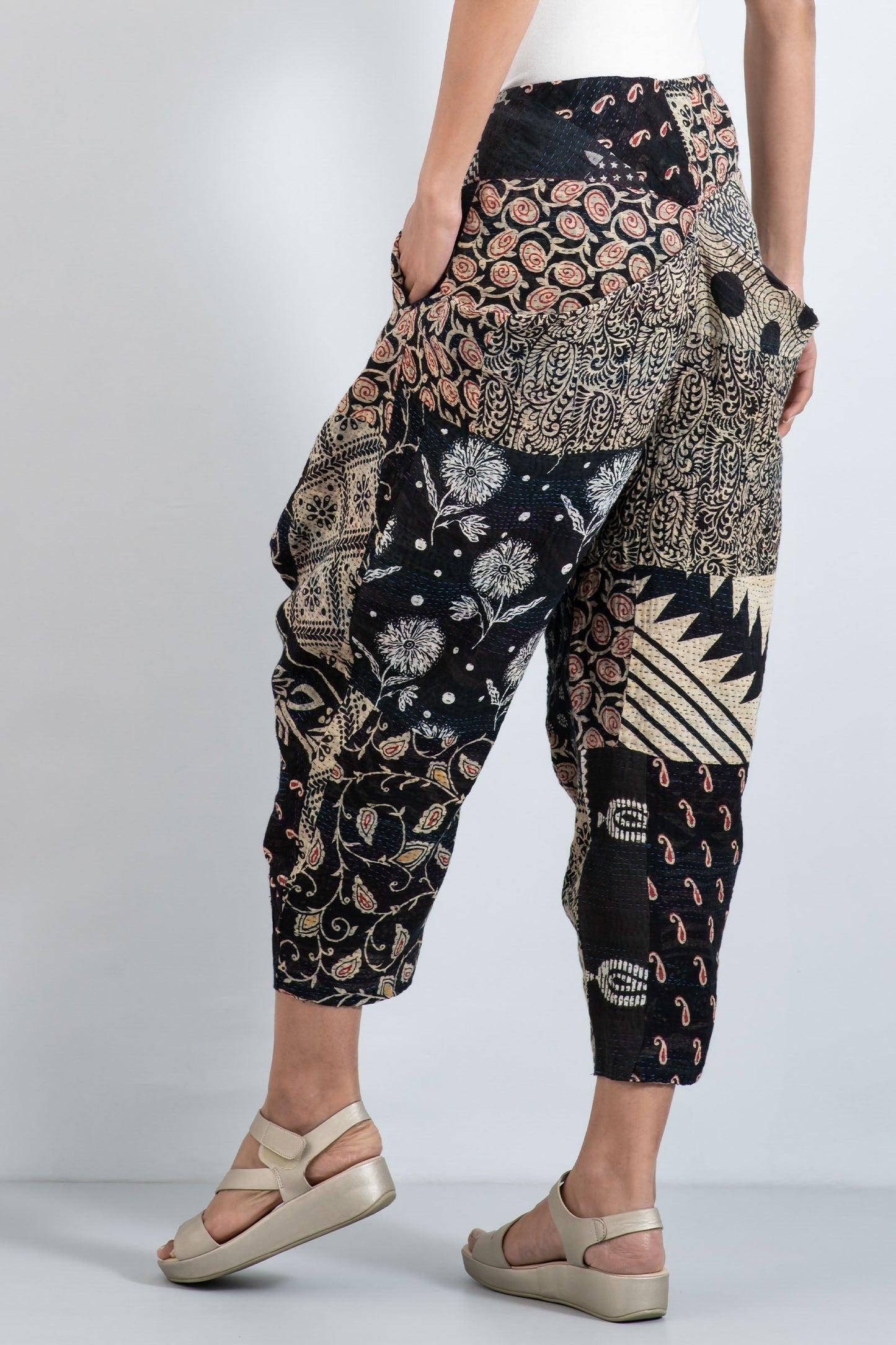 PATCHED PRINT KANTHA YAMAHA PANTS - pp2632-blk -