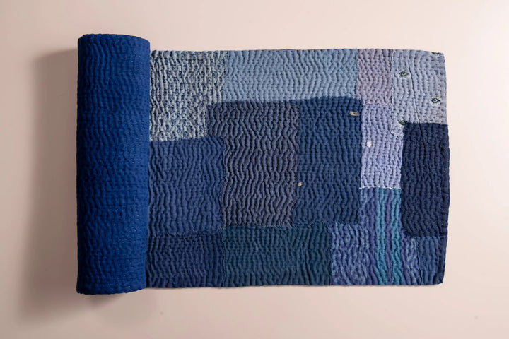 Landscape Fray Patch vintage Kantha Runner - Navy