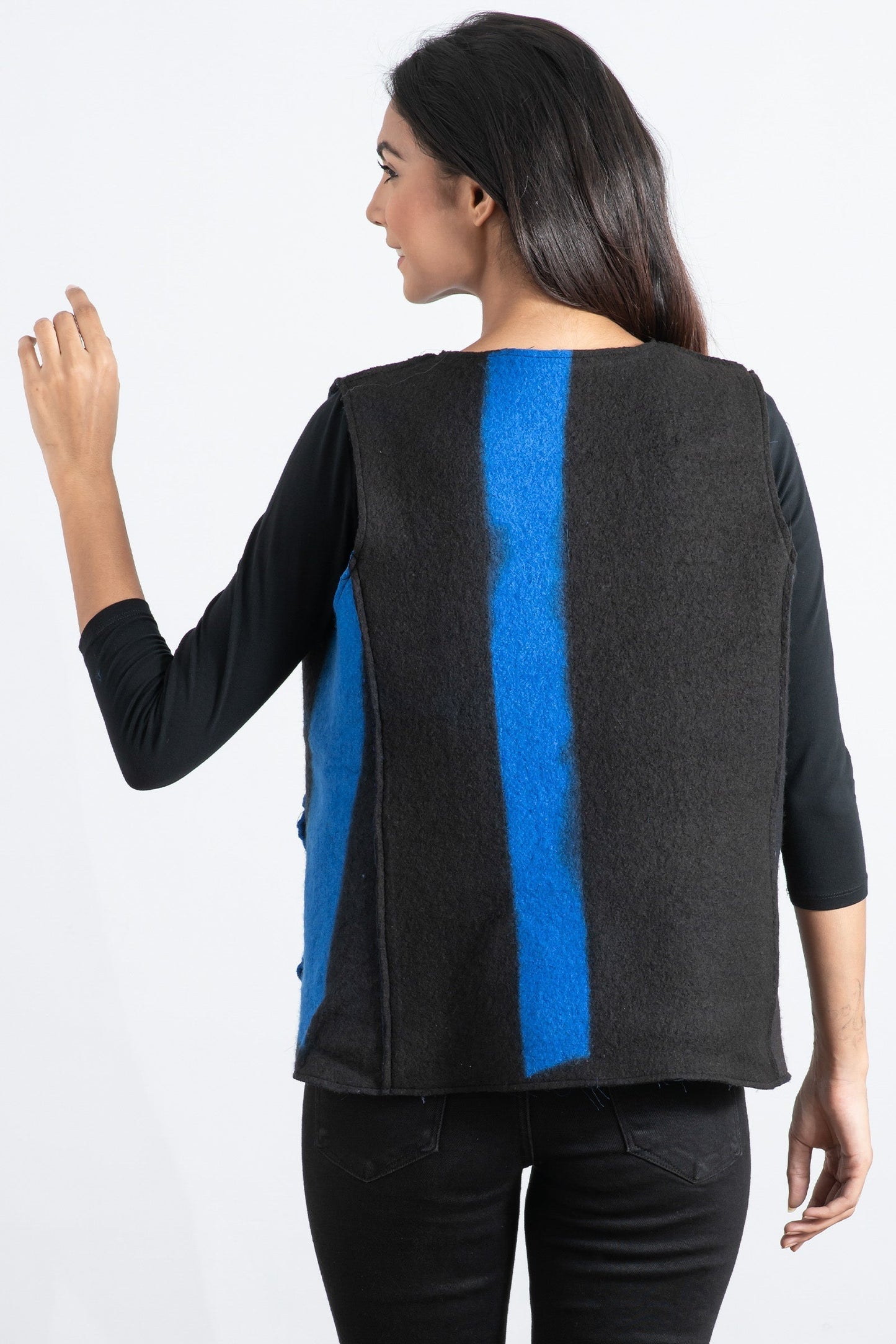 BOILED WOOL KANTHA CREW NECK FITTED VEST - wb2228-blu -