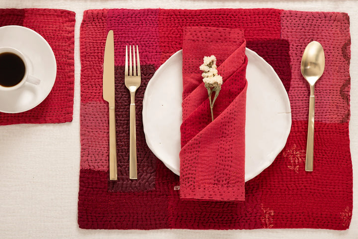 Landscape Fray Patch  Kantha Placemat - Red (Set of 2)