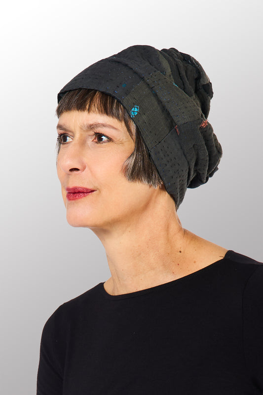 FRAYED PATCH KANTHA PATCHWORK HAT - fi4880-blk -