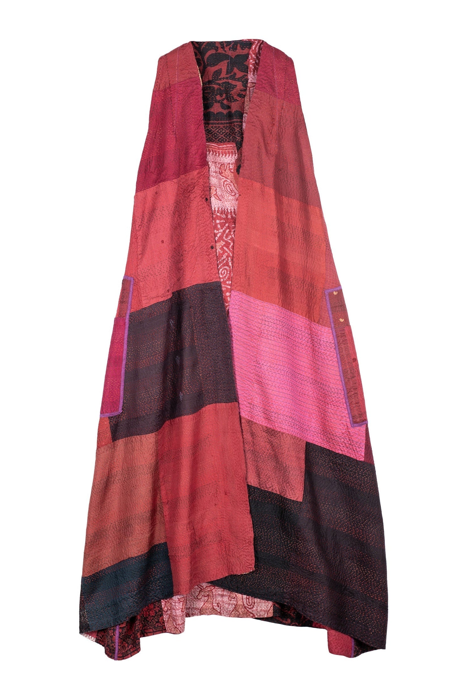 VINTAGE SILK PATCH KANTHA  BACK PLEATED VEST MAXI - vp2222-red -
