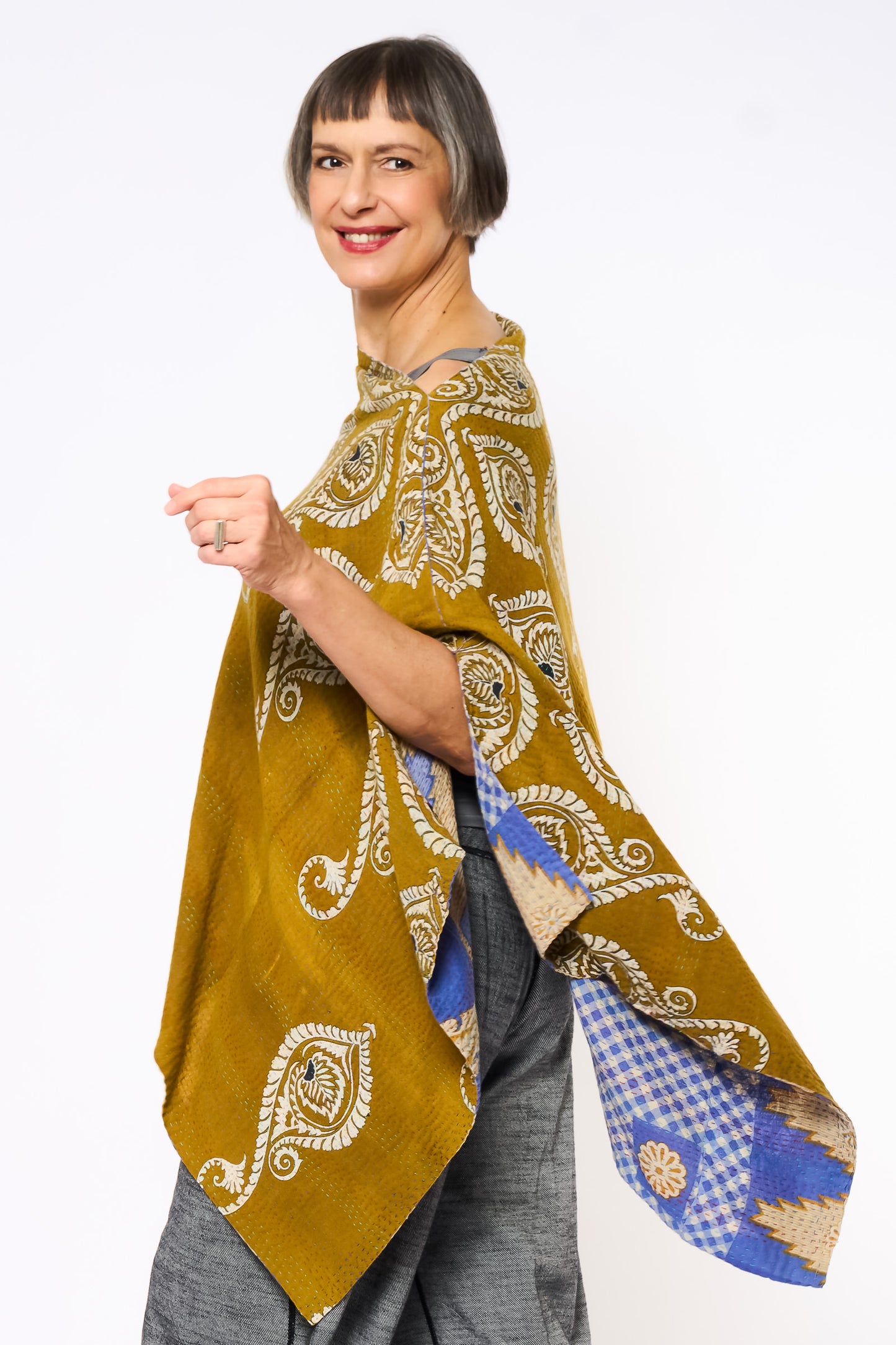 VINTAGE COTTON KANTHA LONG CAPE - cv2841-mlt -
