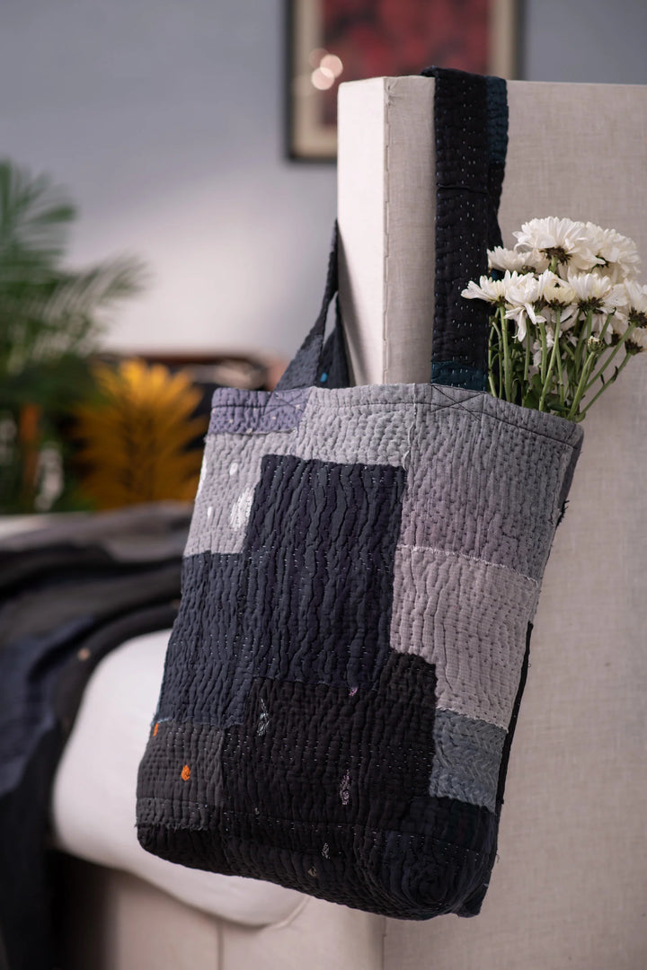 Landscape Handmade Vintage Kantha Tote Bag -Black