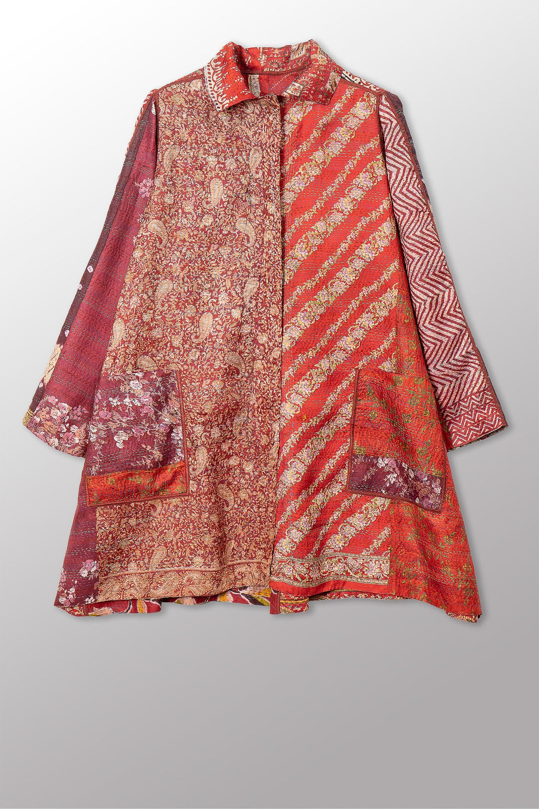 VINTAGE SILK KANTHA A-LINE DUSTER - sv2311-0014a -