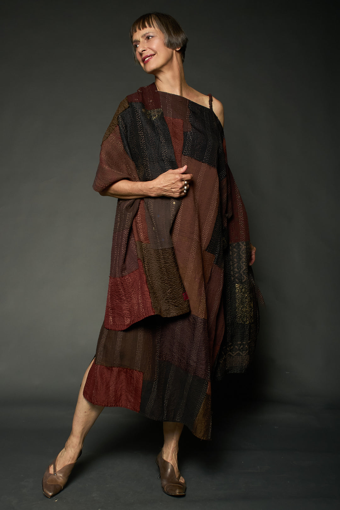 HALF SILK PATCH KANTHA SCARF STANDARD - hs2801-brn -