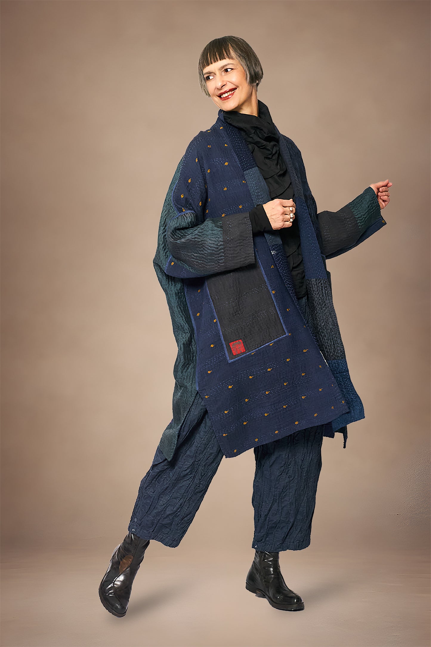 COTTON SILK SW PATCH KANTHA NEW KIMONO WRAP LONG - ws4360-gry -