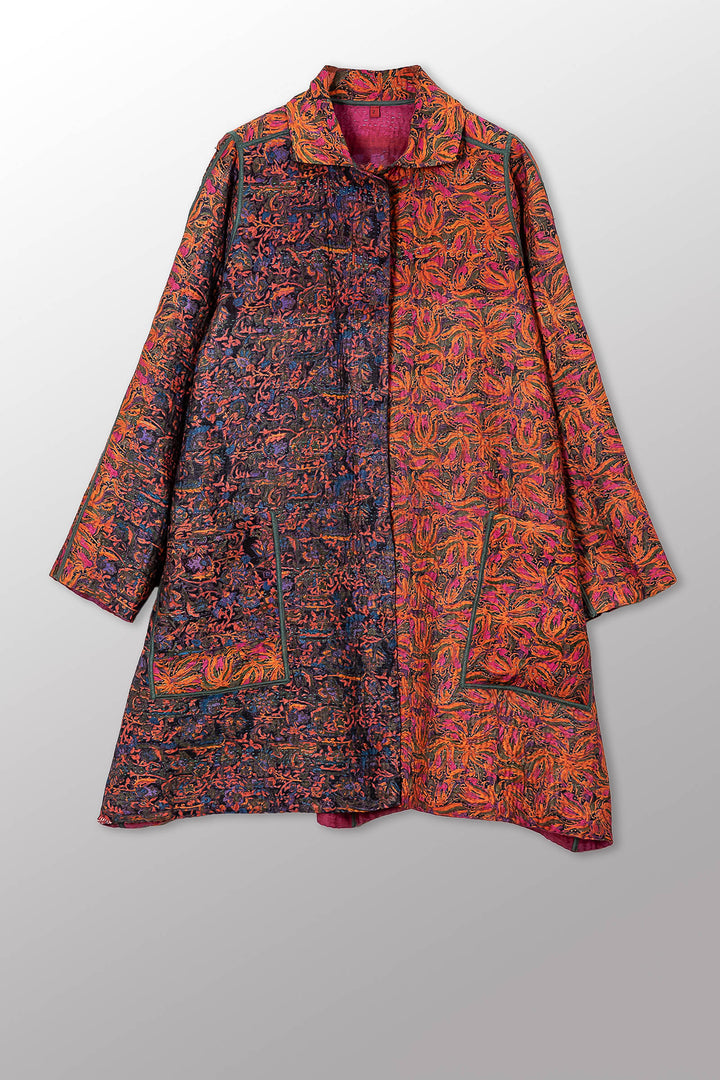 VINTAGE SILK GEORGETTE COTTON KANTHA A-LINE DUSTER - gc4311-0001a -