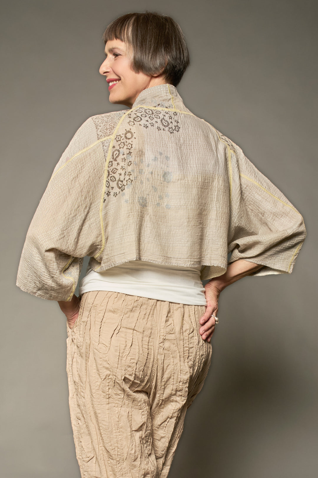 MOSAIC FRAY PATCH KANTHA PUFF SLV. SHRUG - zb2062-ivy -