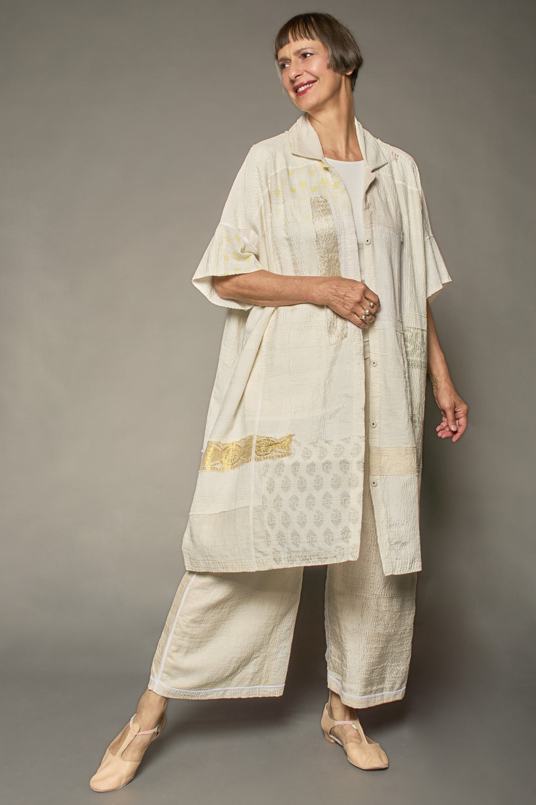 FRAYED PATCH KANTHA WIDE SHIRT DRESS - fi2448-ivy -
