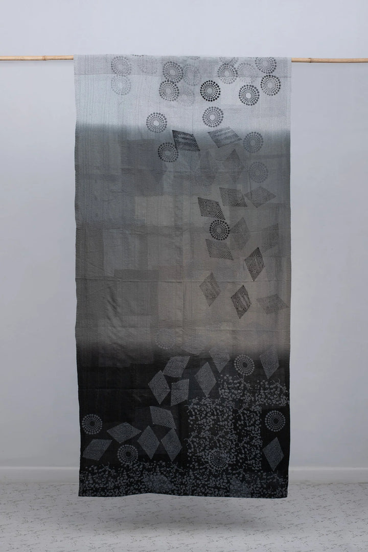 Vintage Fray Patch &amp; Ombre Kantha Curtain -Monotone