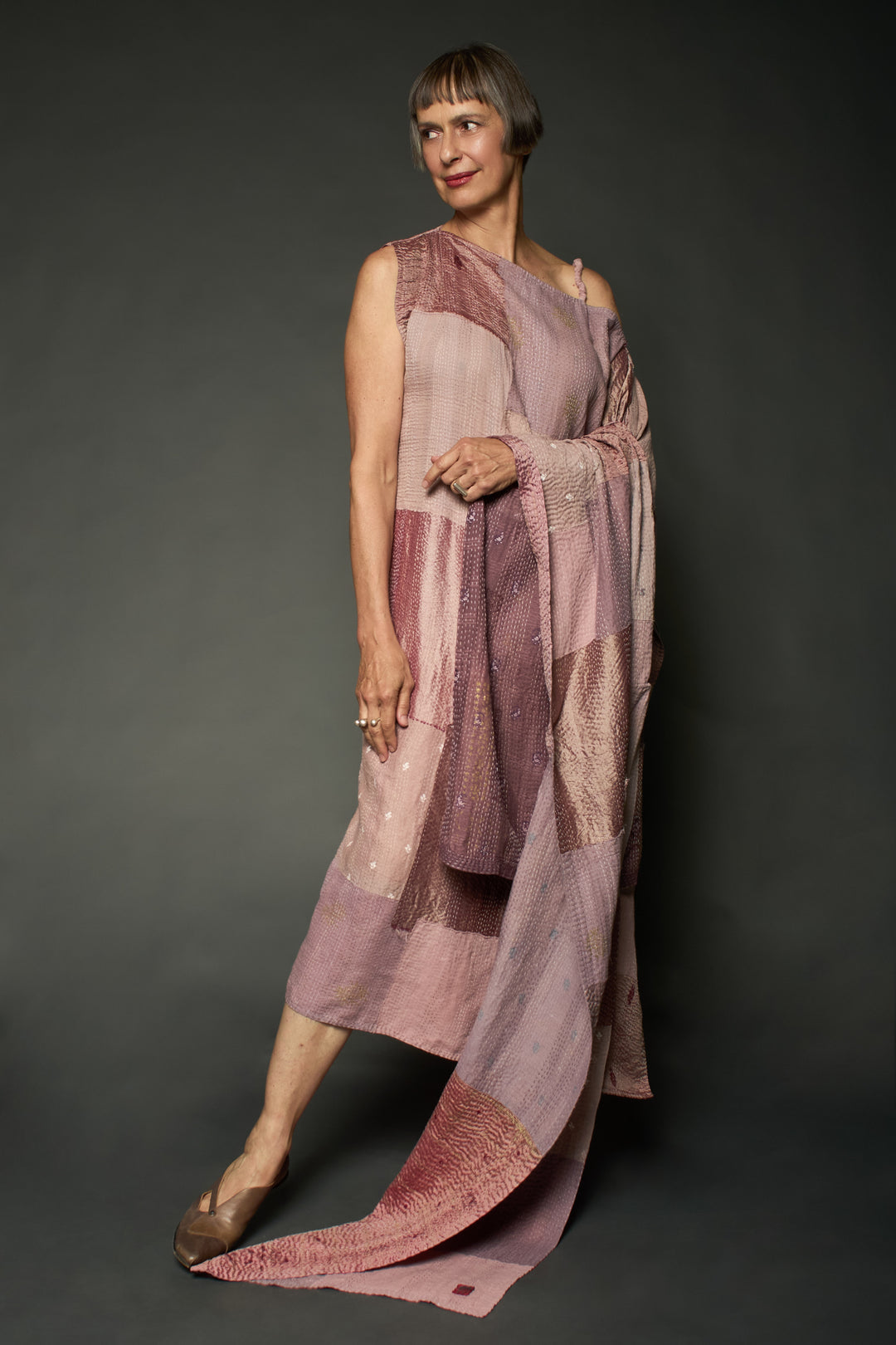 HALF SILK PATCH KANTHA ASYMMETRIC TUBE DRESS - hs2472-mov -