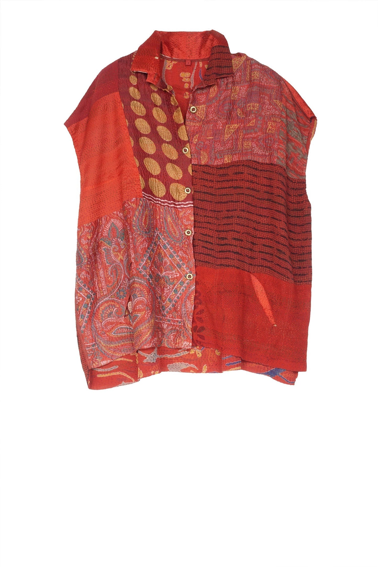 GEORGETTE VINTAGE SILK PATCH KANTHA CAP SLV. SHIRT - gs2530-red -