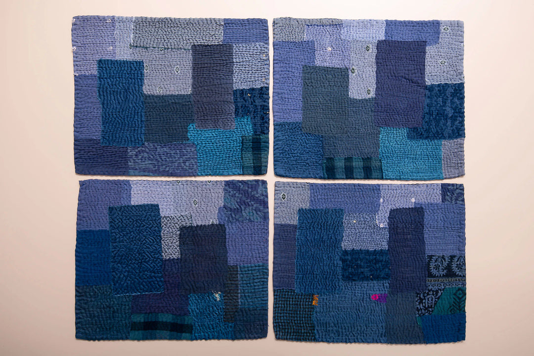 Landscape Fray Patch  Vintage Kantha Placemat - Navy (Set of 2)