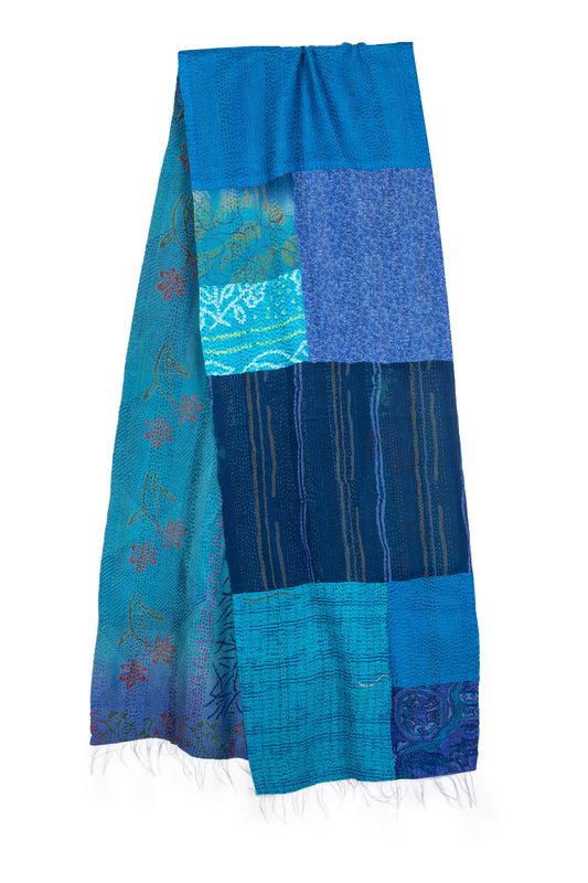 GEORGETTE VINTAGE SILK PATCH KANTHA SCARF SHORT - gs2805-blu -