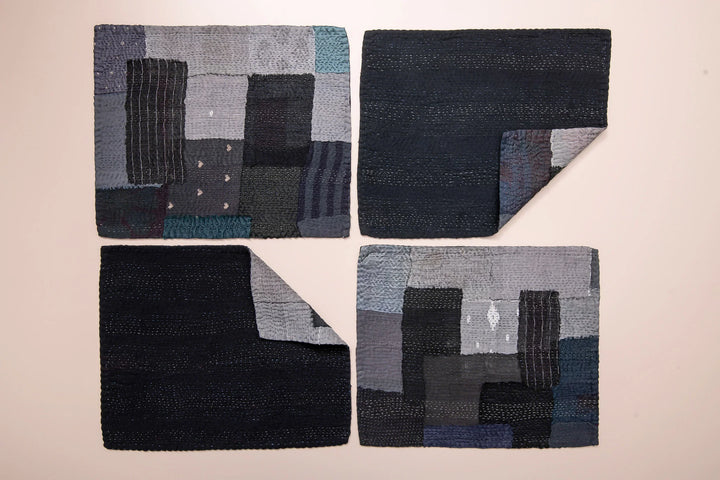 Landscape Fray Handmade vintage Kantha Placemat - Black (Set of 2)