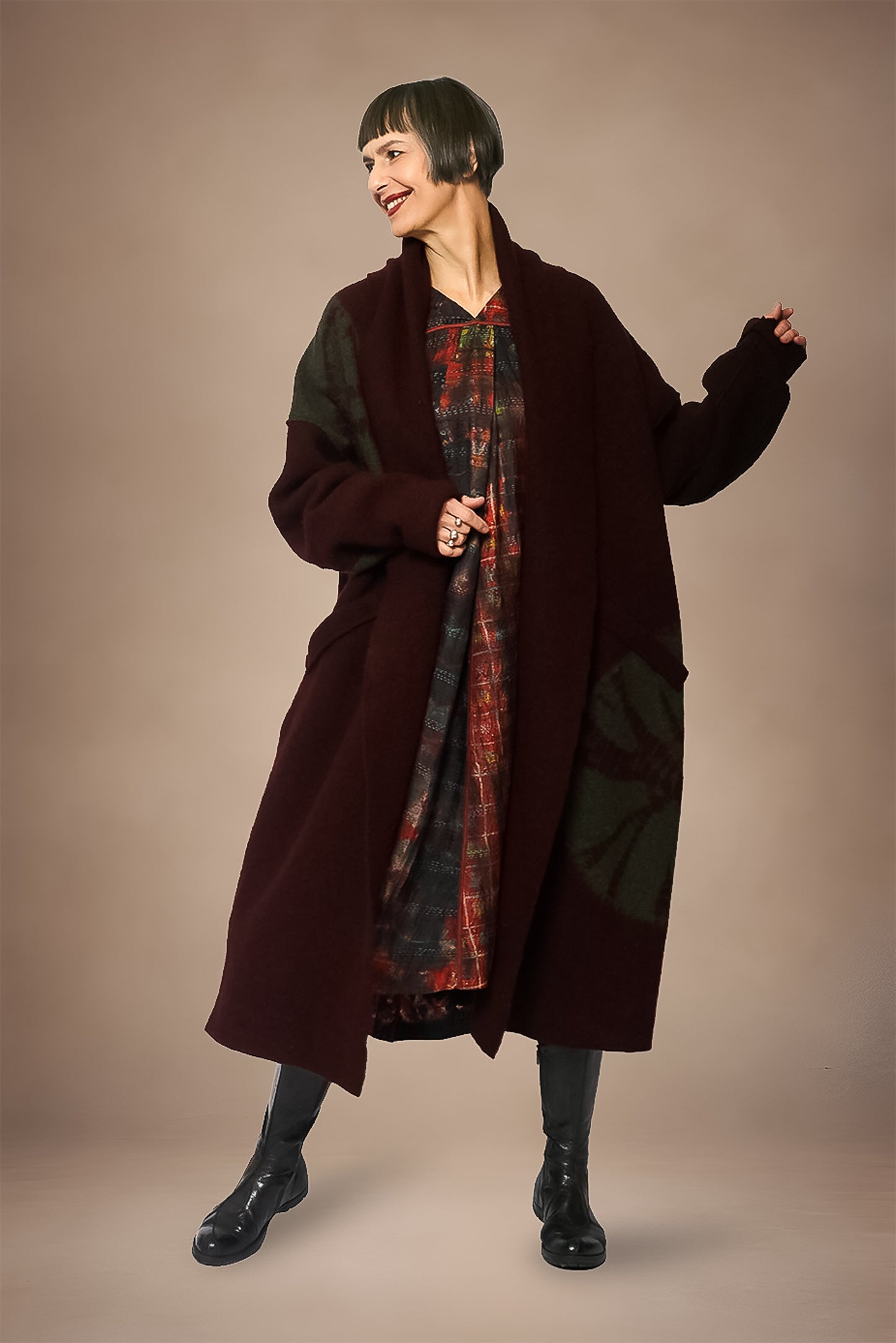 CIRCLE TIE DYE BOILED WOOL NEW SHAWL COAT LONG - tw1362-brn -