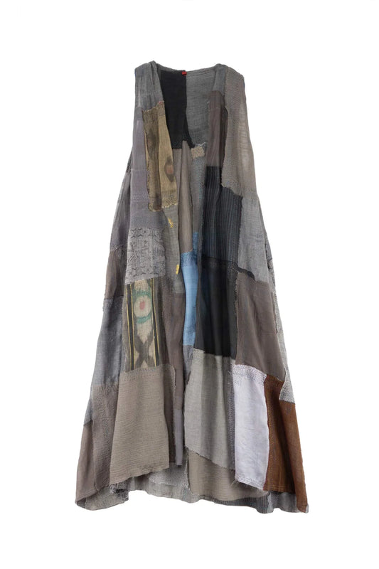 MOSAIC TILE PATCH KANTHA BACK PLEATED VEST MAXI - mt1222-gry -