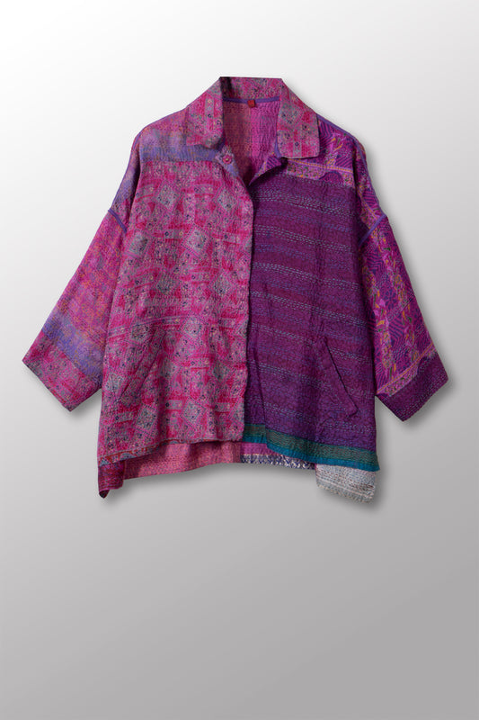VINTAGE SILK KANTHA CROPPED TENT SHIRT - sv2596-0003a -
