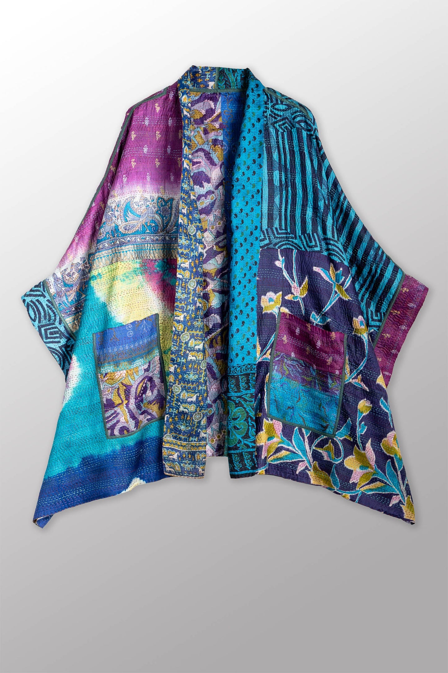 VINTAGE SILK KANTHA DOUBLE COLLAR PONCHO - sv2323-0020a -