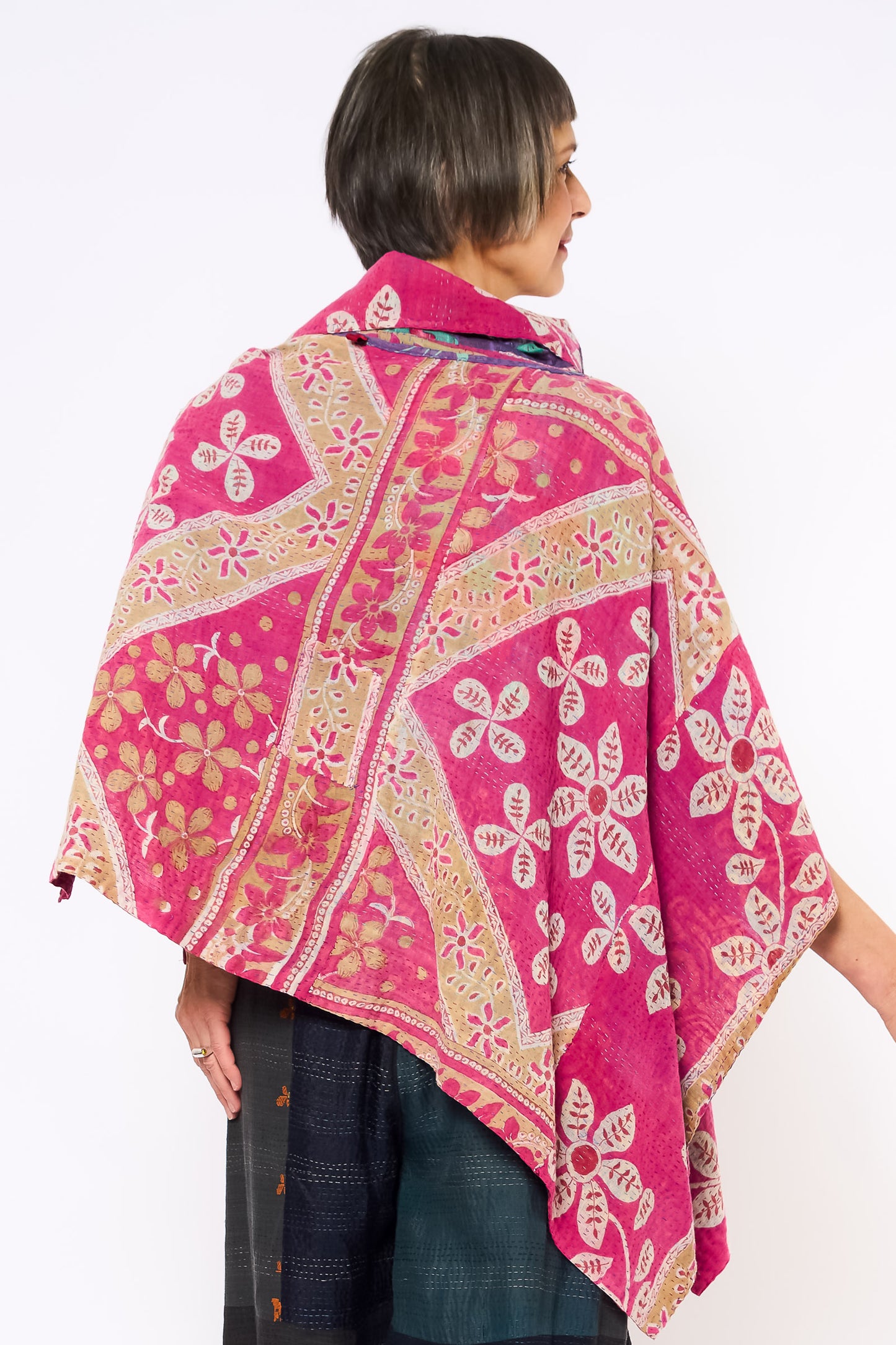 VINTAGE COTTON KANTHA COWL NECK LONG CAPE - cv2842-0004a -