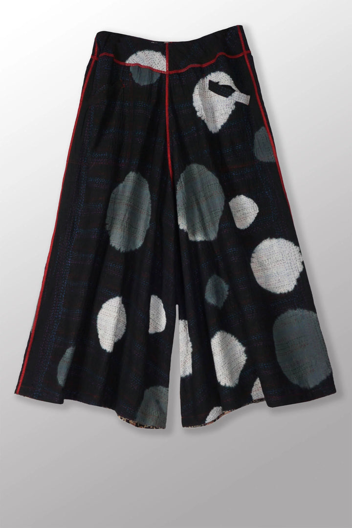 PATCH &amp; CIRCLE PRINT KANTHA WIDE LEG PANTS - pc2623-blk -