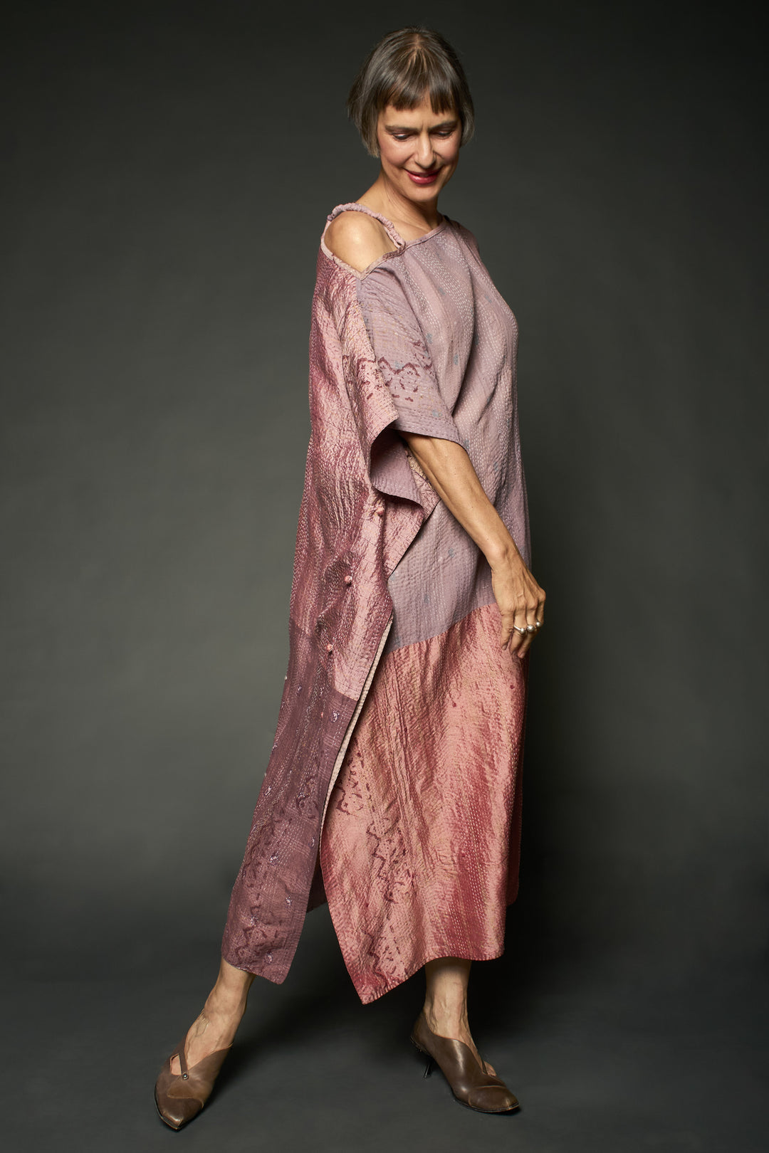 HALF SILK PATCH KANTHA ASYMMETRIC TUBE DRESS - hs2472-mov -