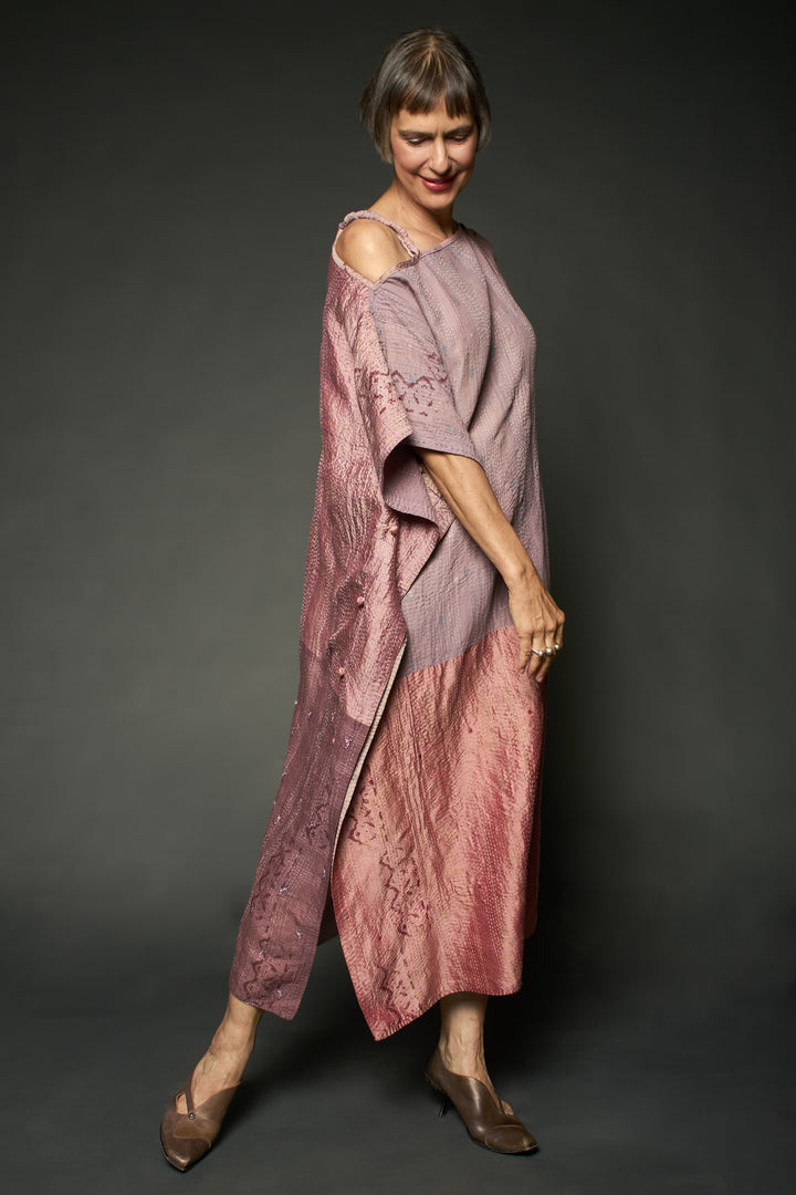 HALF SILK PATCH KANTHA ASYMMETRIC TUBE DRESS - hs2472-mov -