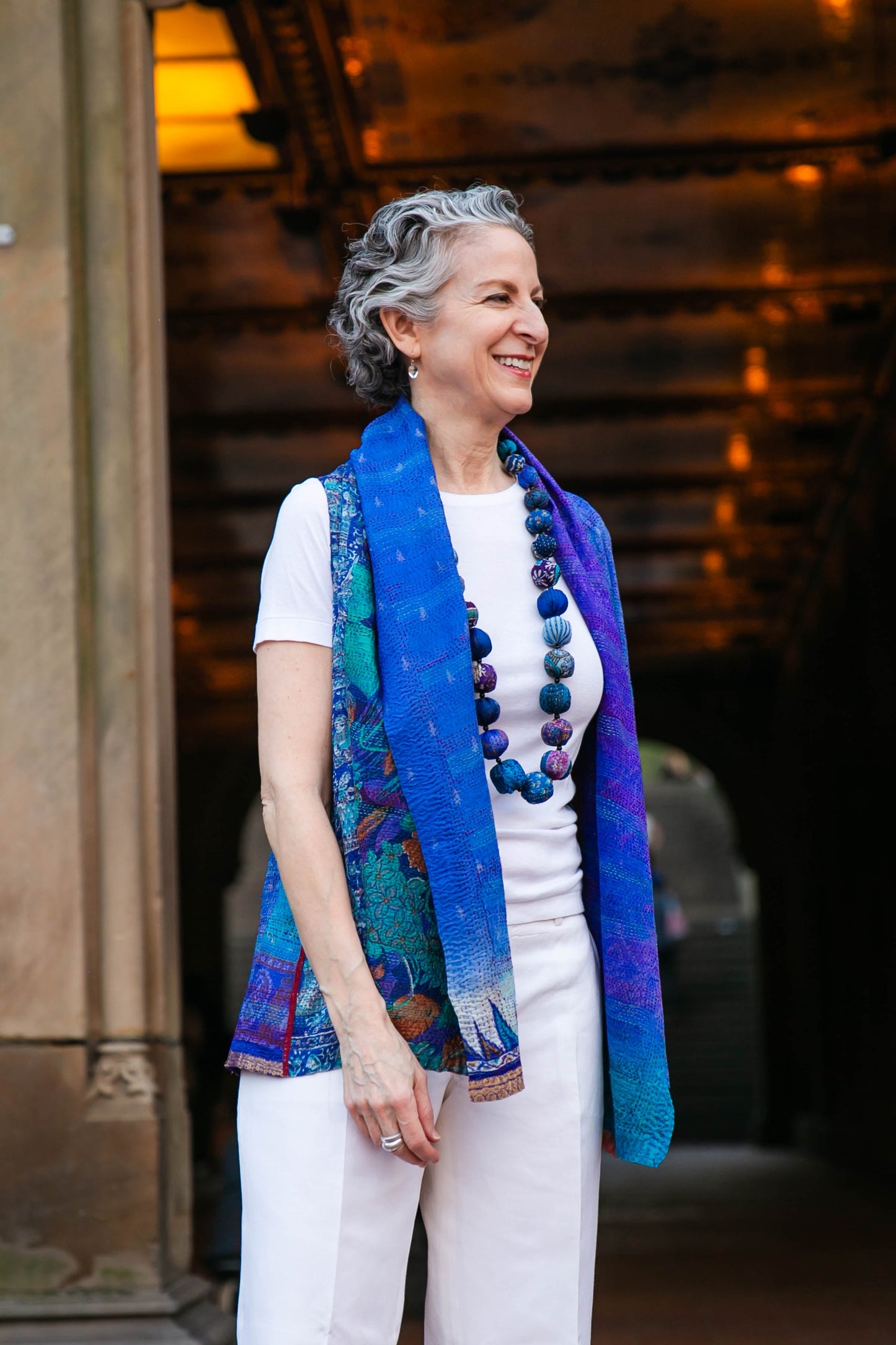 VINTAGE SILK KANTHA SHAWL COLLAR VEST SHORT - sv2236-0001a -