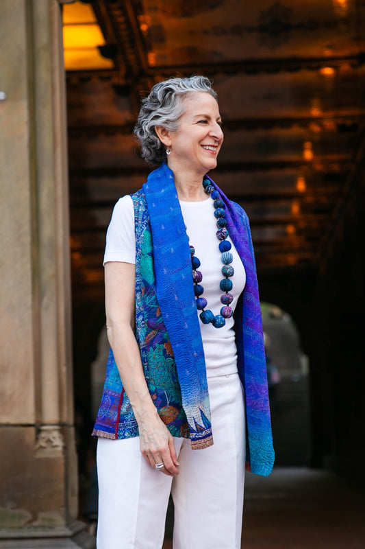 VINTAGE SILK KANTHA SHAWL COLLAR VEST SHORT - sv2236-0001a -