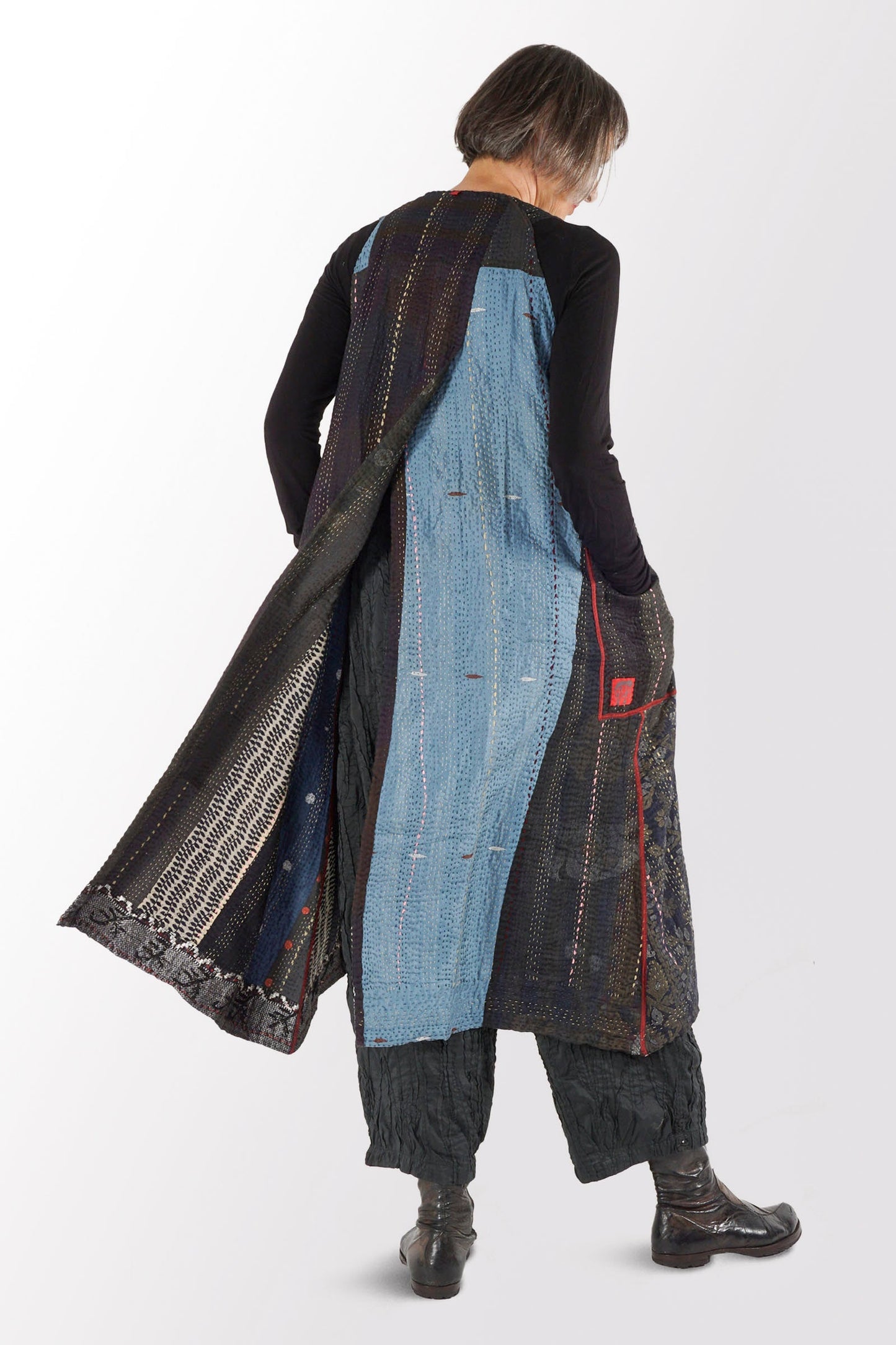 STRIPE RALLIS KANTHA BACK PLEATED VEST MAXI - pr4222-blk -