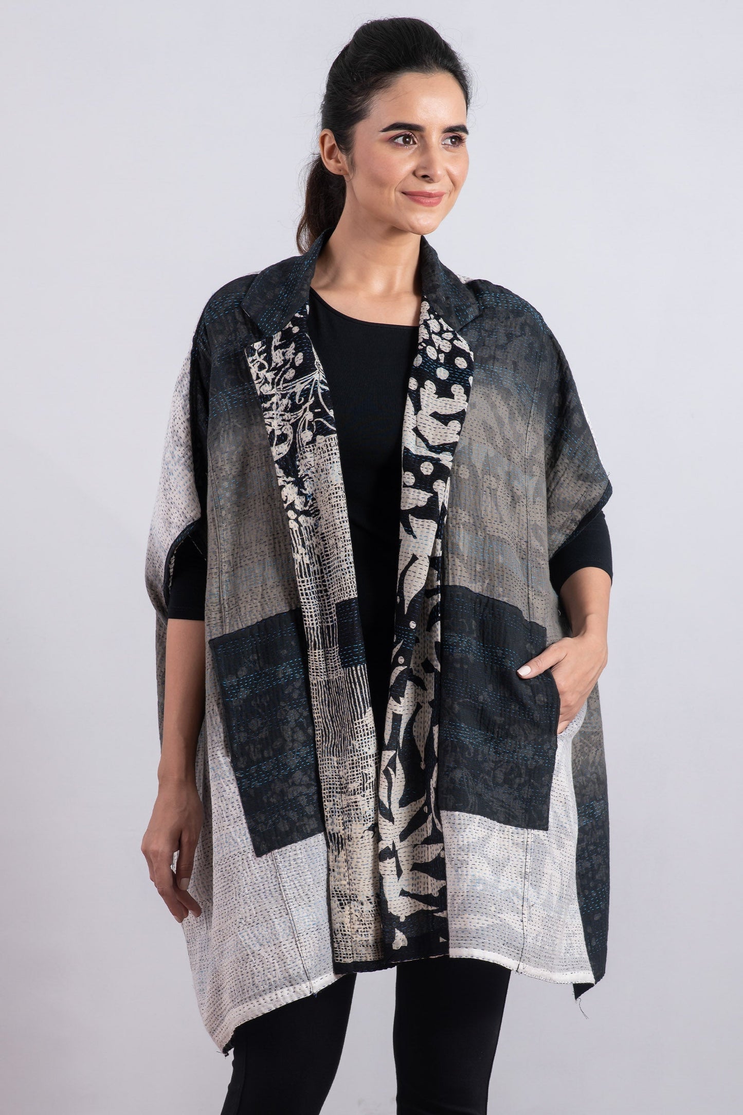MONOTONE TWILIGHT PRINT KANTHA SHIRT PONCHO - tp2545-blk -
