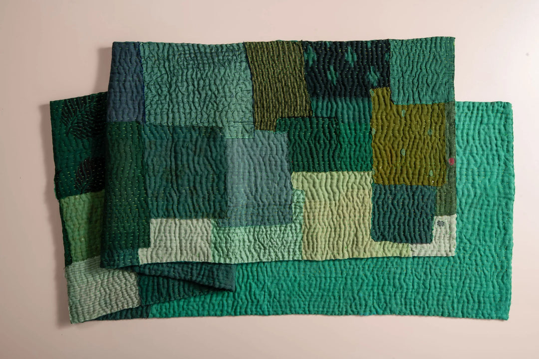 Landscape Fray Patch  vintage Kantha Runner - Green