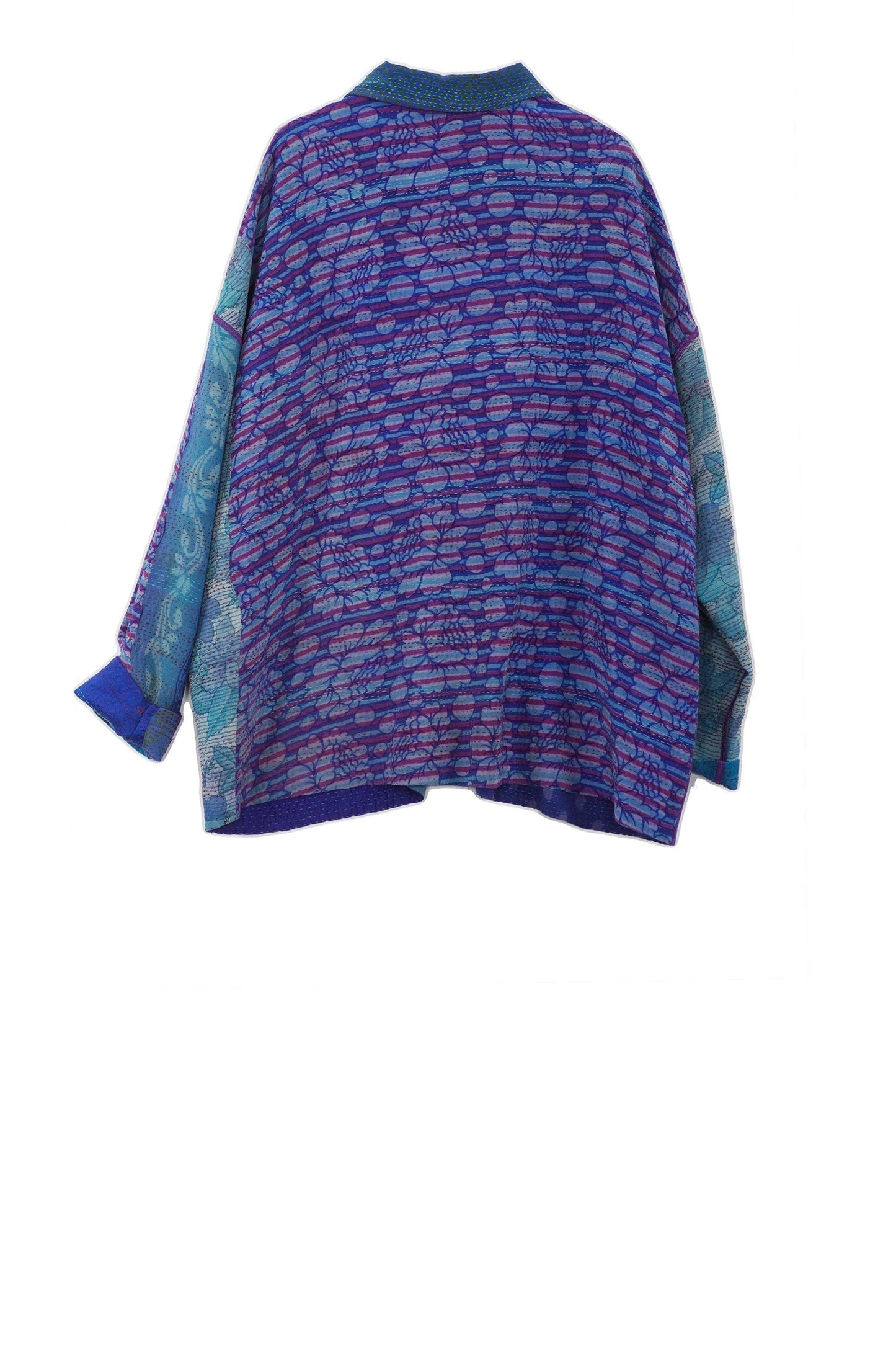 GEORGETTE VINTAGE SILK PATCH KANTHA CAMP SHIRT - gs2525-blu -