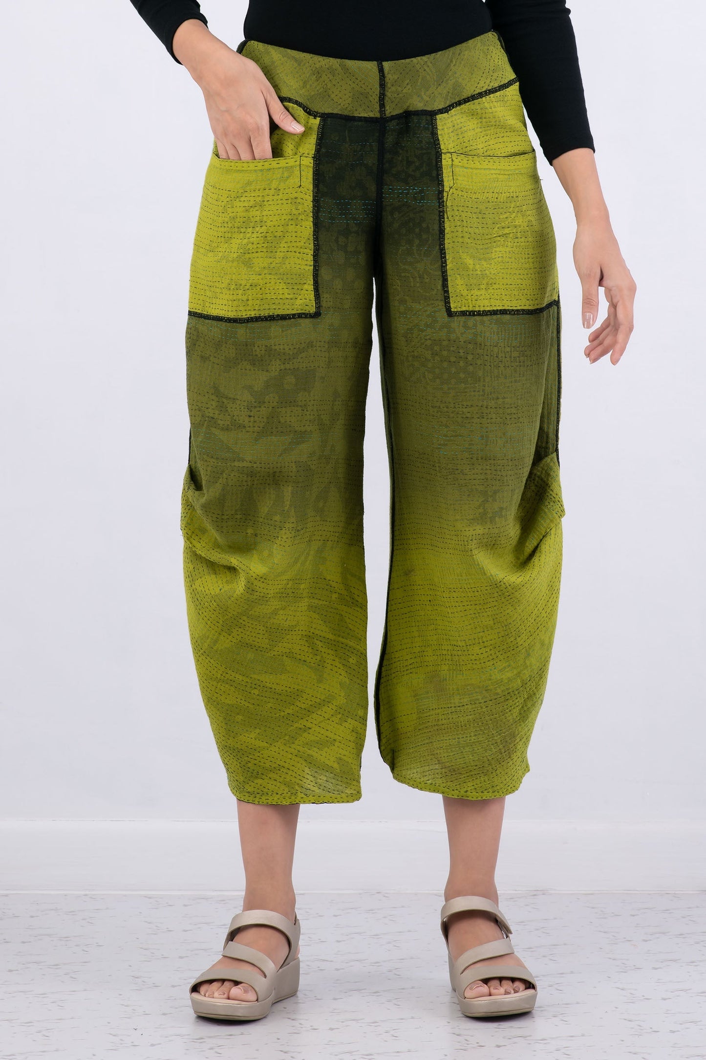 MONOTONE TWILIGHT PRINT KANTHA KNEE TUCKED PANTS - tp2625-cha -