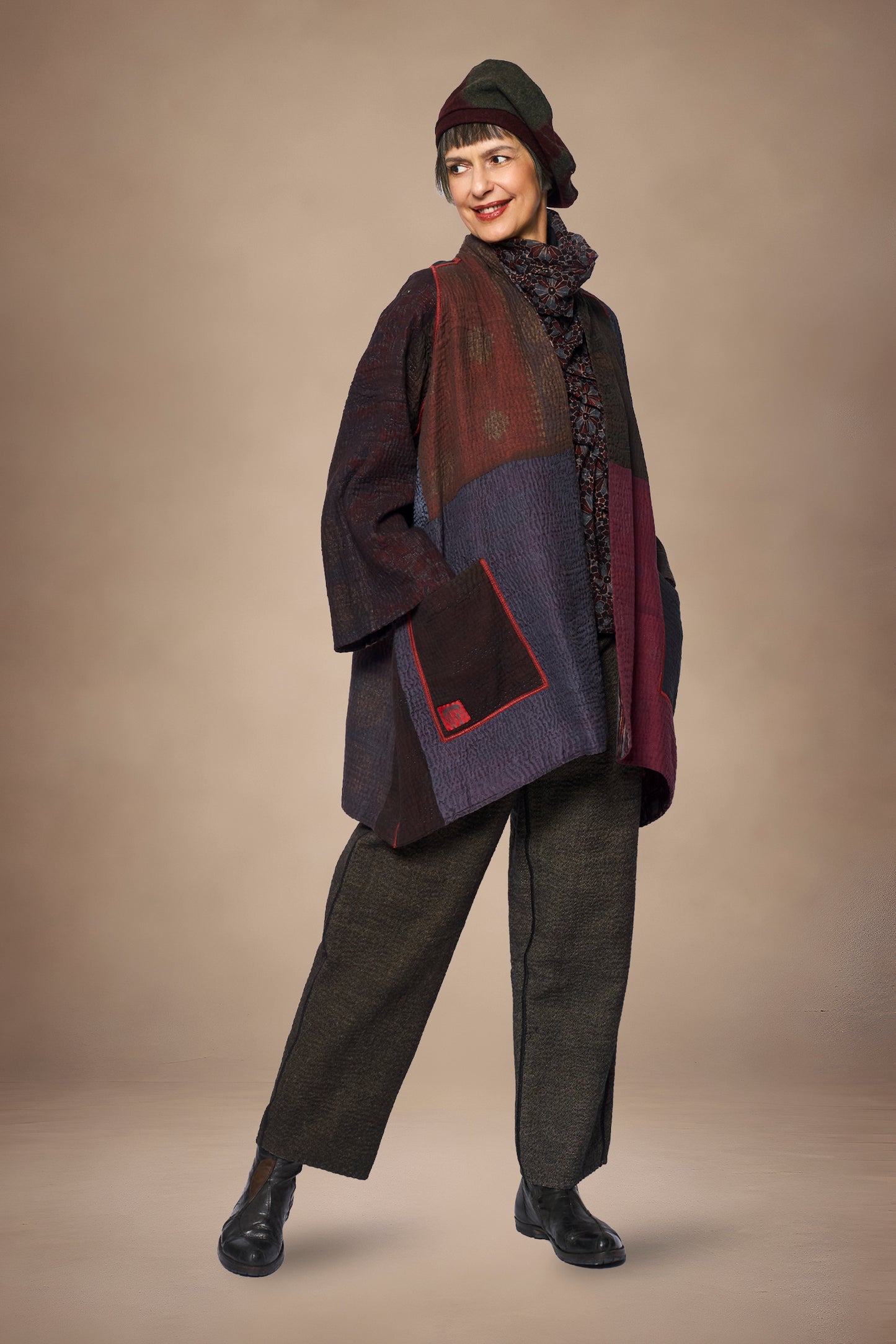 AJRAKH PRINT AND SILK COTTON PATCH KANTHA A-LINE JACKET - az4003-brn -