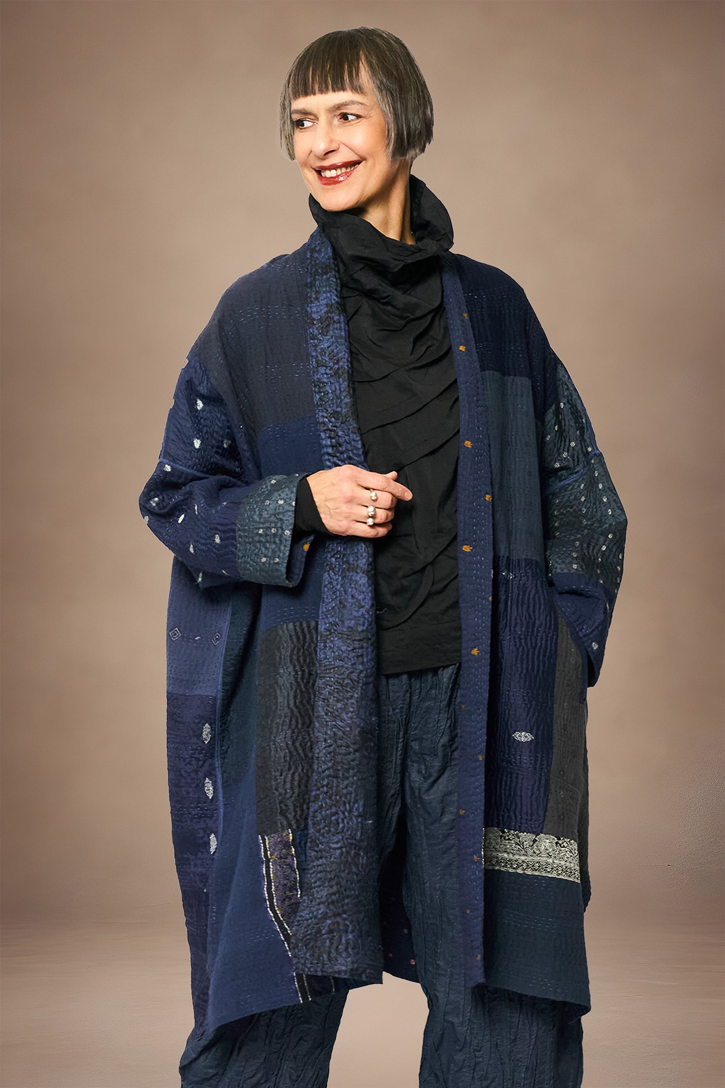 COTTON SILK SW PATCH KANTHA NEW KIMONO WRAP LONG - ws4360-gry -