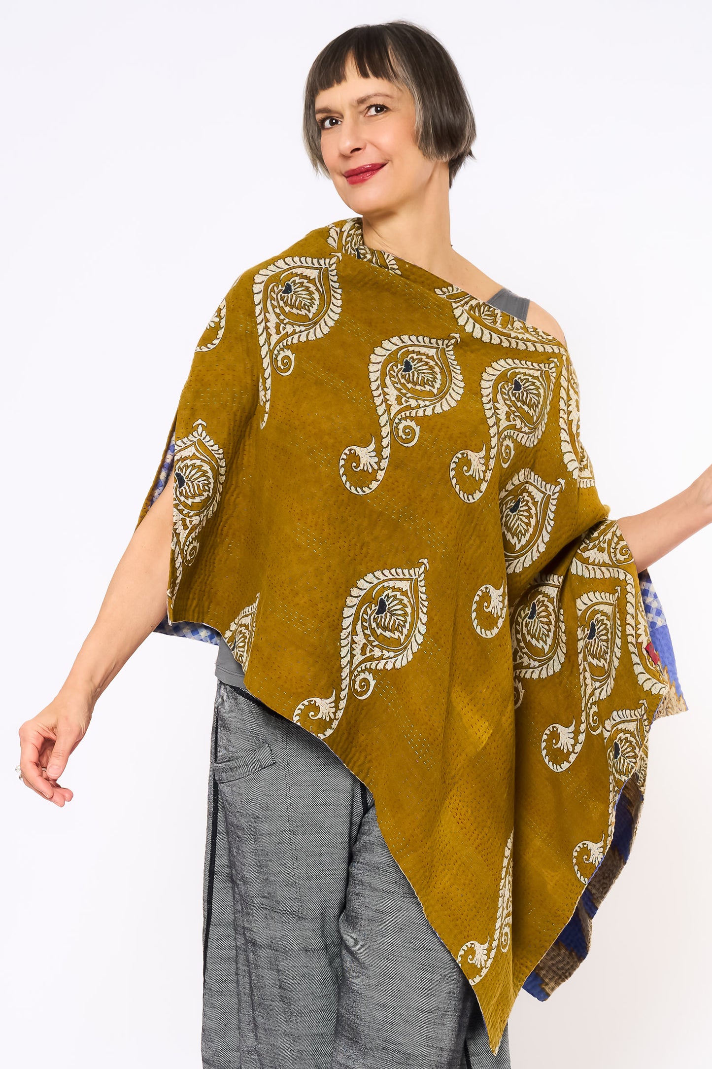 VINTAGE COTTON KANTHA LONG CAPE - cv2841-mlt -