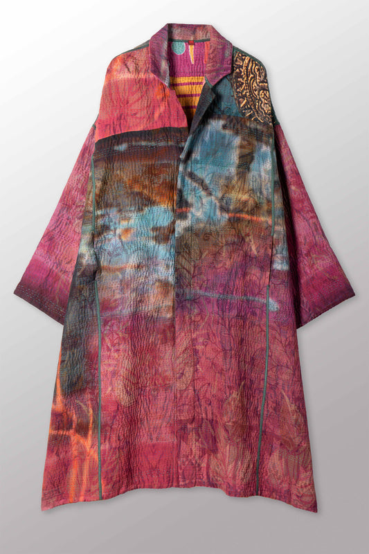 VINTAGE SILK GEORGETTE COTTON KANTHA NEW OVERSIZED COAT - gc4342-0001a -