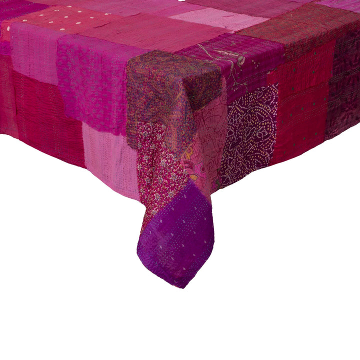 Printed Fray Vintage Cotton Kantha Table Cover  -Pink