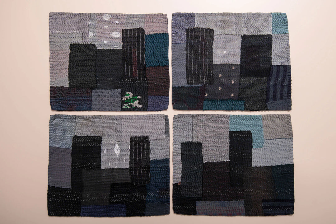 Landscape Fray Handmade vintage Kantha Placemat - Black (Set of 2)