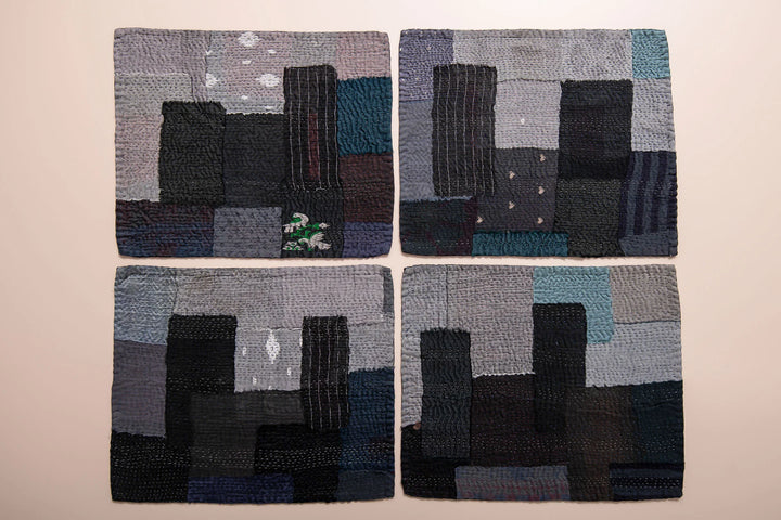 Landscape Fray Handmade vintage Kantha Placemat - Black (Set of 2)