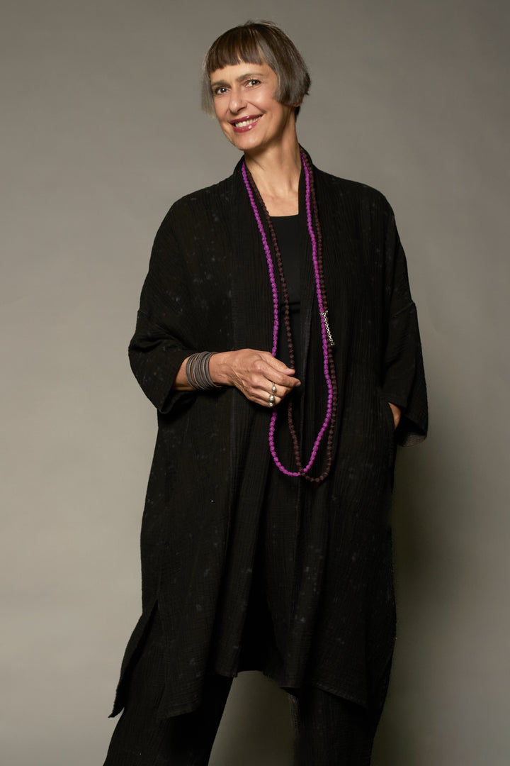 SAND SUN DYE RIPPLE KANTHA KIMONO WRAP LONG COAT - rs2357-blk -