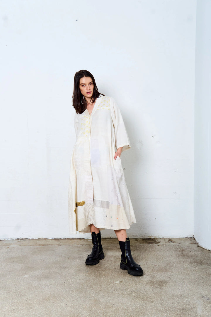 FRAYED PATCH KANTHA V-NECK FLARE SLEEVE DRESS - fi2445-ivy -