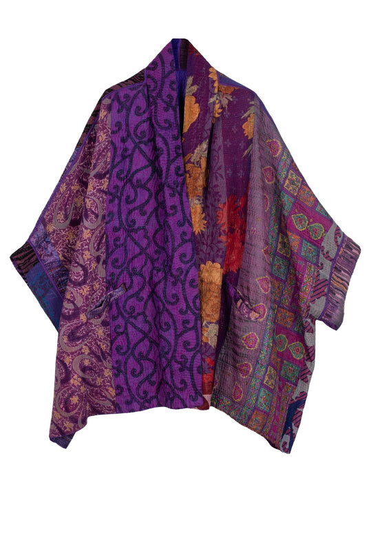 JACQUARD SILK KANTHA DOUBLE COLLAR PONCHO - js4323-prp -