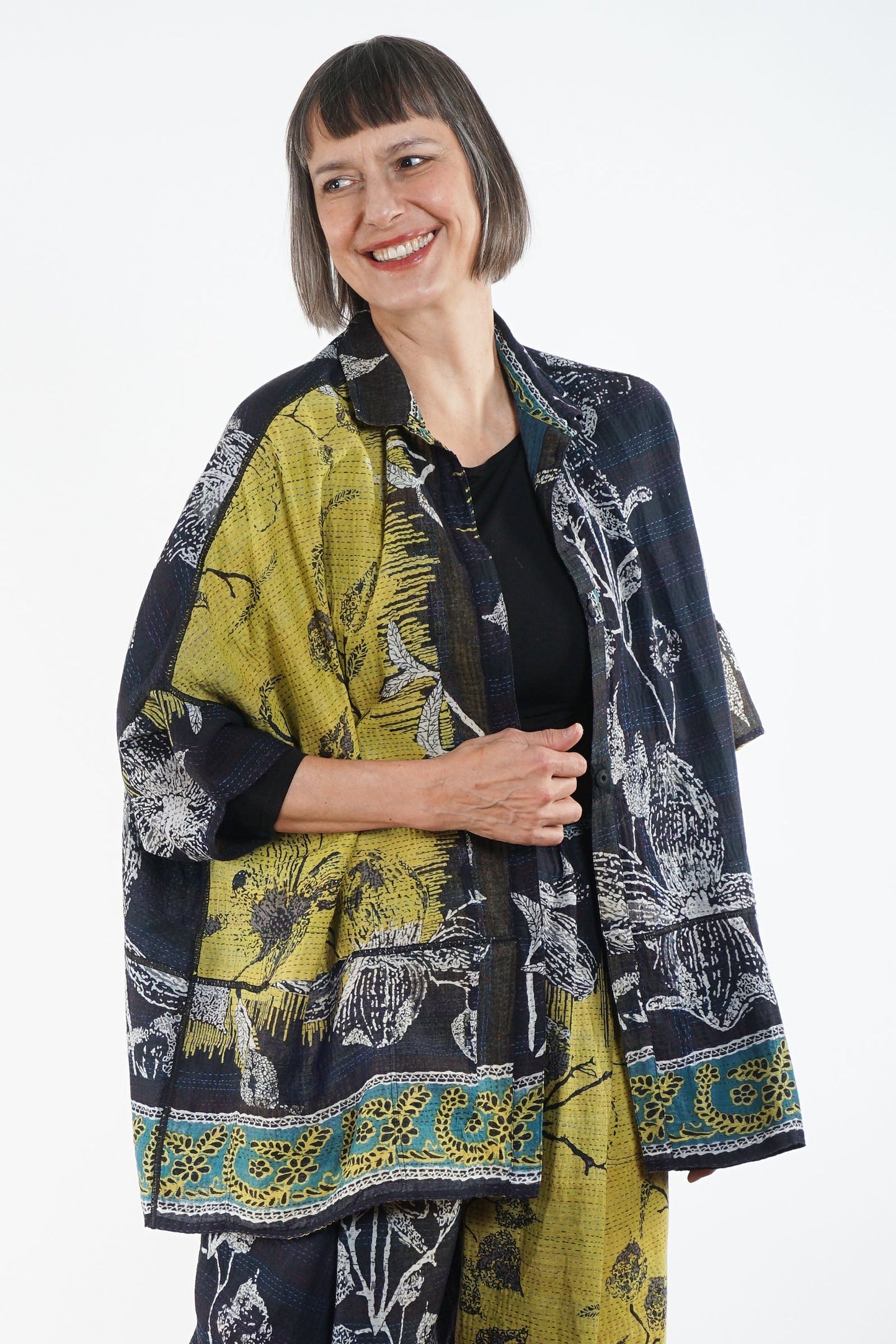 ORGANIC LEAVES KANTHA WIDE SHIRT - ol2546-blk -